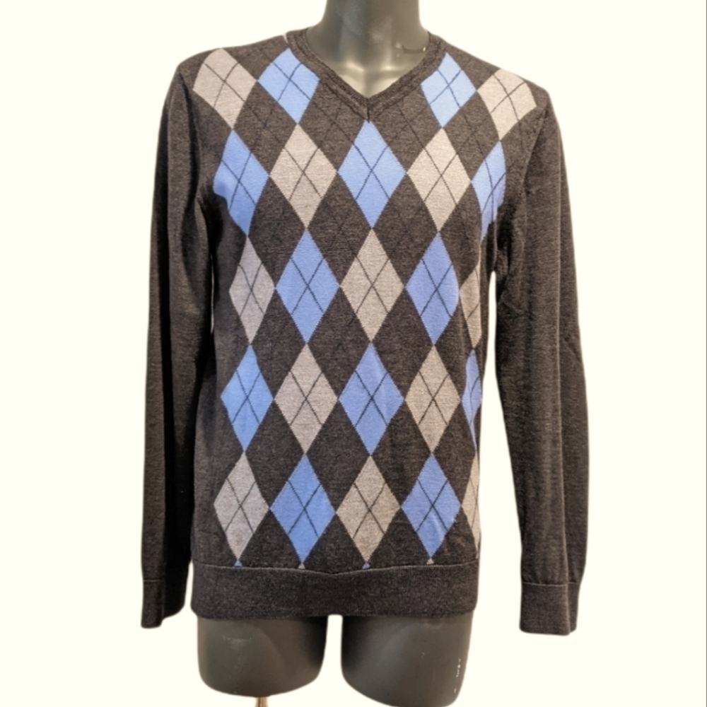 SIMONS merino wool argyle grey sweater large **Defect **